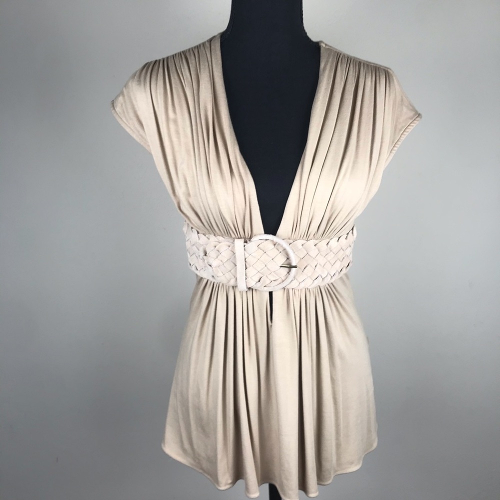SKY Cream Beige Low Cut Deep V Belted Blouse M